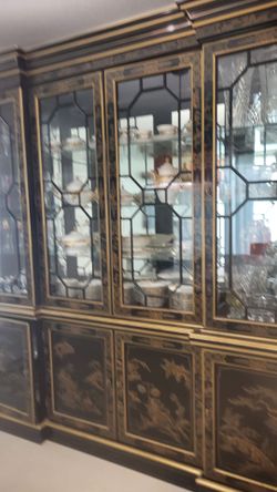 Black Lacquer Chinoiserie Breakfront China Display Cabinet with glass shelves and light inside