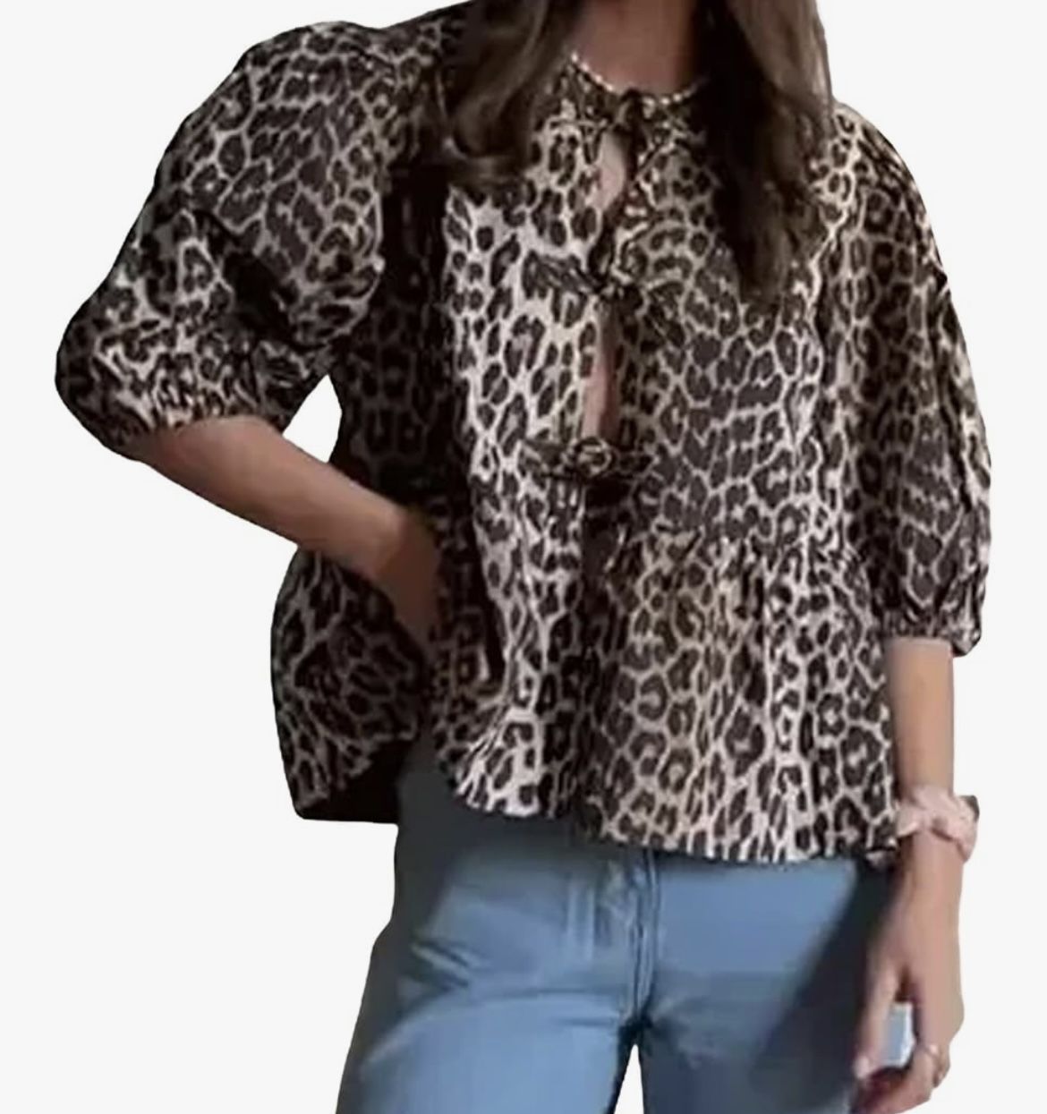 Womens size XL Tie Front Y2k Leopard Print Peplum Babydoll Puff Sleeve Coquette Top