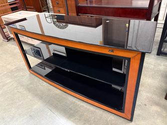 BELLO 3 Tier Tempered Black Glass Media Stand with Cherry Finished Wood Trim