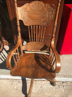 Antique Oak Ornate Peacock Swivel Rocking Chair
