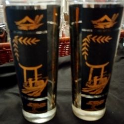 2 Vintage Black And Gold Tall Pagoda Tumblers