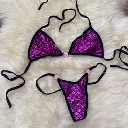 New small purple mermaid metallic bikini y2k festival rave outfit raver dancer   P