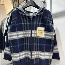 BURBERRY Classic Leather Label Zipper Hooded Blue Plaid Wool Knitted Jacket Coat for Men and WomenL