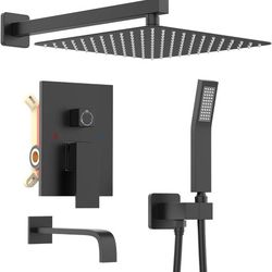 12" Full Set Rain Shower System with Handheld Head And Spout High Pressure Valve Matte Black