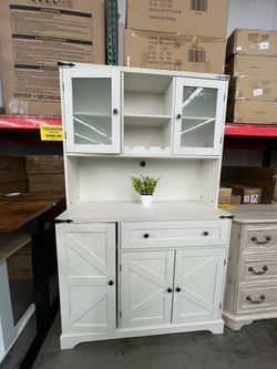 White Farmhouse Hutch Cabinet with Glass Doors