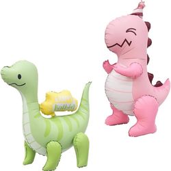 new 4D Self Standing Dinosaur Balloons inflatable Pink dinosaur Foil Balloon for Boy Girl Jungle Animal Dino themed Birthday Party Decorations (2 Pack