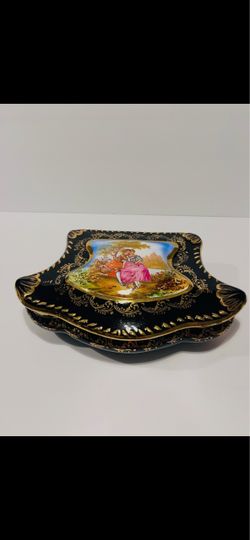 Antique Sevres Porcelain Hand Painted Victorian Scene Large Cobalt Jewelry Box