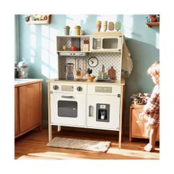 Wooden Play Kitchen for Kids with Working Sink & Faucet Toy 