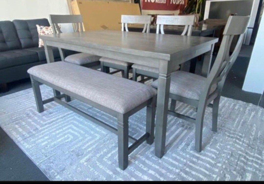 ✅️✅️6 pc bridget ii grey finish wood dining table set padded seat chairs and bench✅️