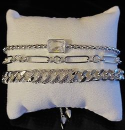 Luxe Layers 3 Strand CZ Bolo Silvertone Bracelet (NWOT)