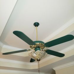 Craftmade: 52" 5-Blade Ceiling Fan With 2-Light/1-Lg Glass Shade- Hunter Green & Gold- 18" Downrod