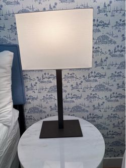 Pair of CB2 Modern Bronze Table Lamps with White Linen Shades