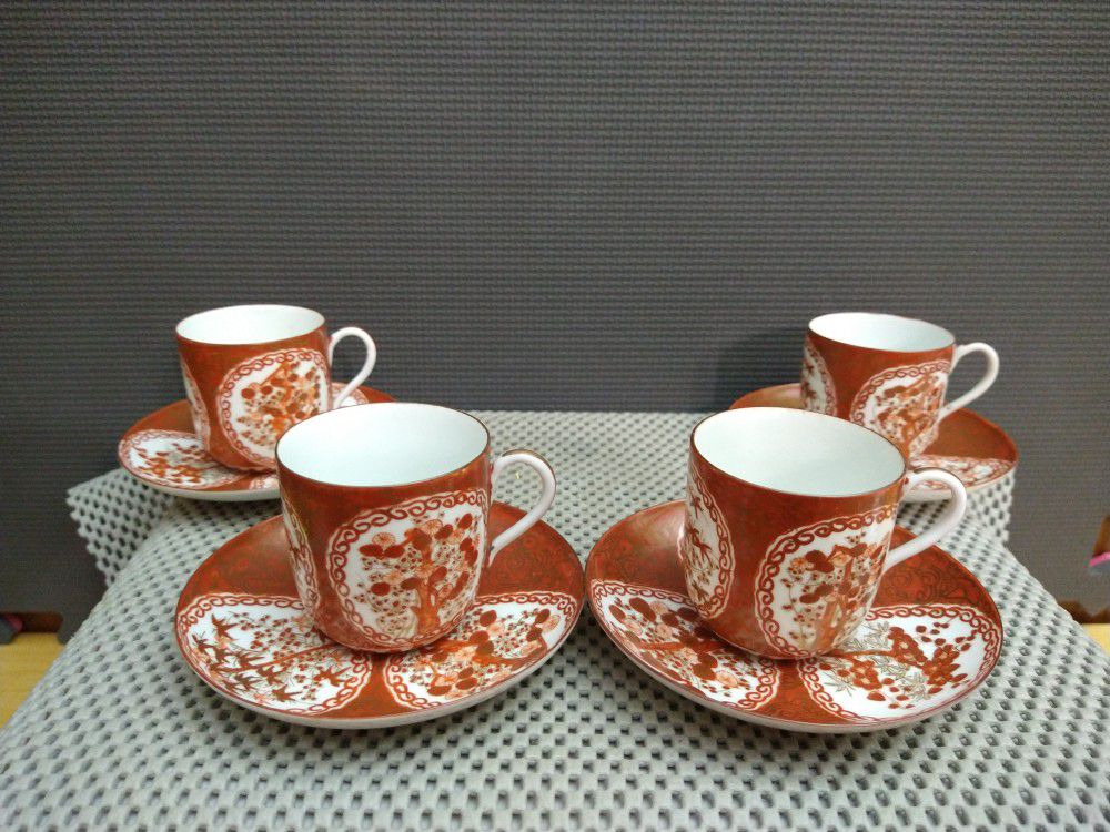 4 Sets of Antique Japanese Meiji Period Kutani Eggshell Porcelain Cup & Saucer