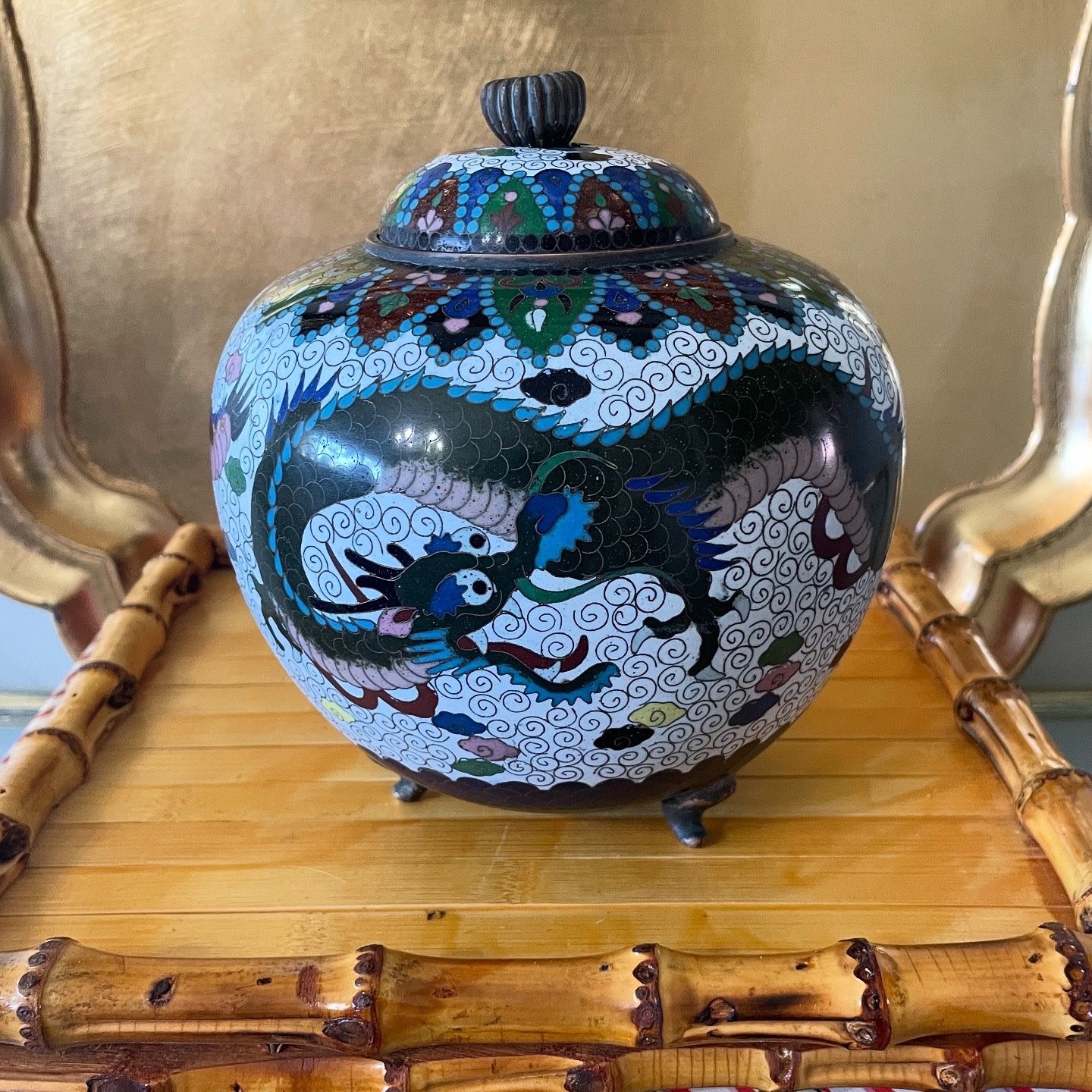 Rare Antique 7” H Japanese Cloisonné Enamel Footed & Lidded Jar With Two Large Dragons
