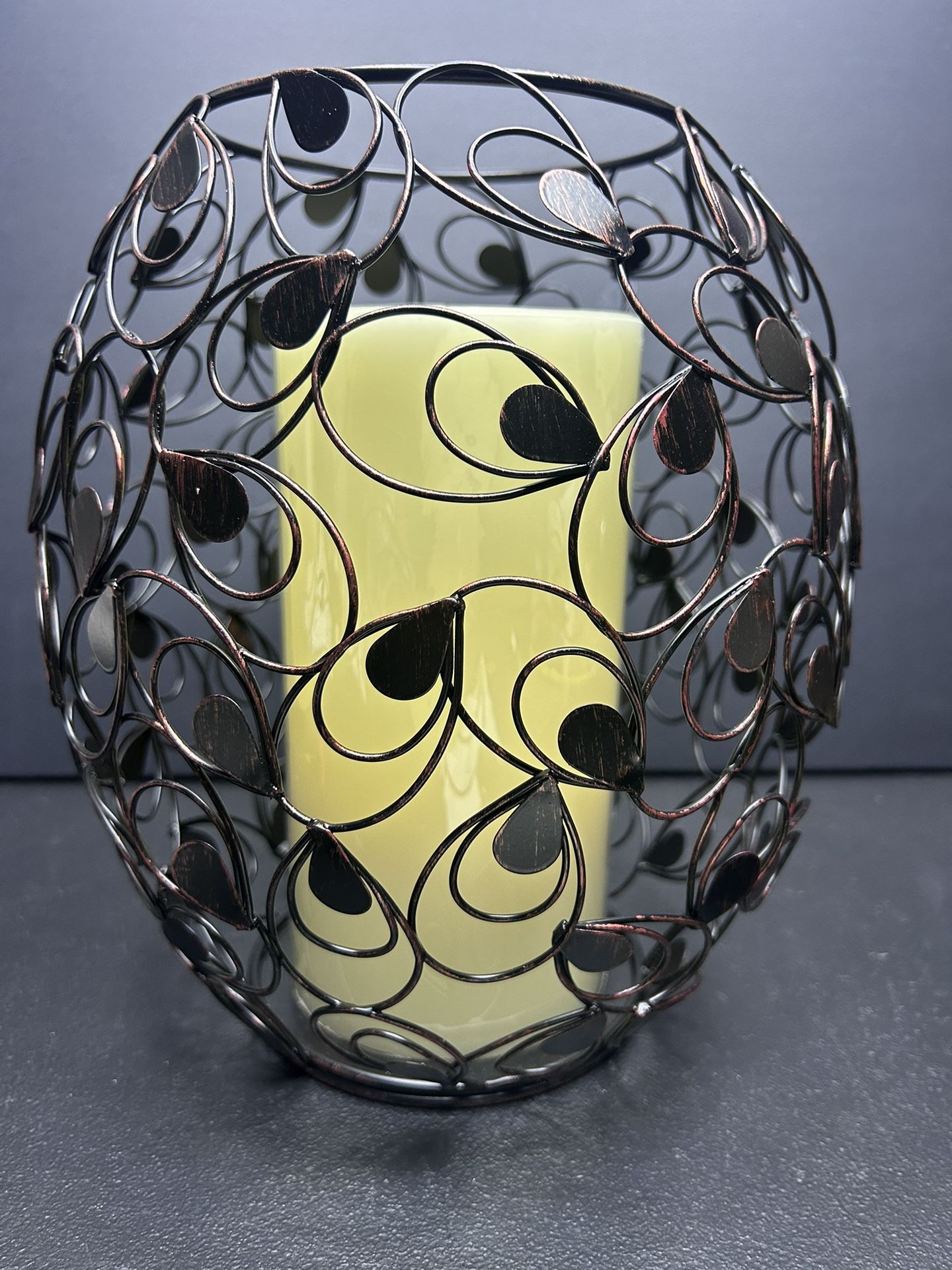 Decorative Brushed Copper Metal Candle Holder & Flameless Battery Powered Candle