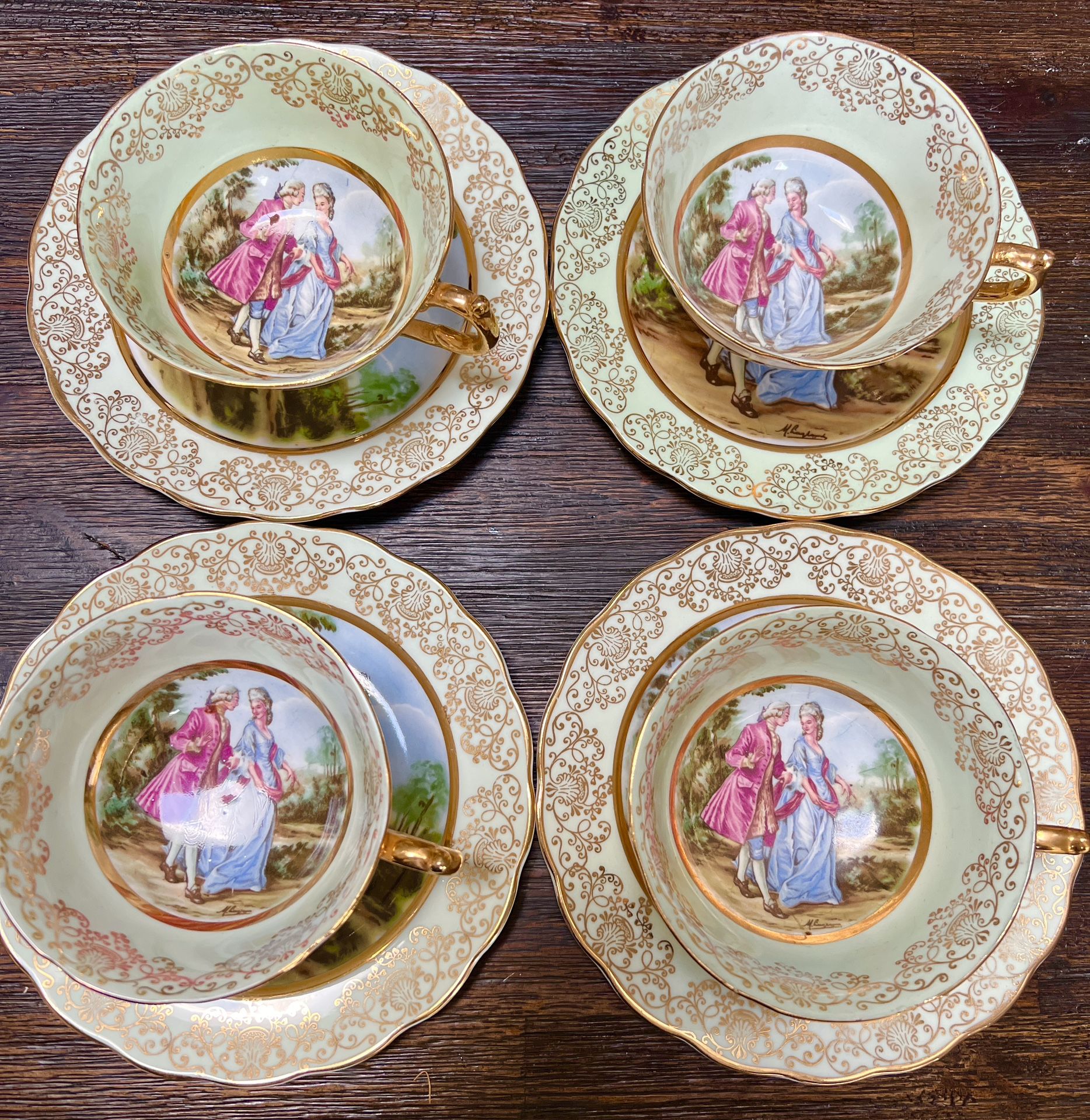 Vintage Romeo And Juliet Ashley Bone China England 22kt Gold Teacups And Saucers Set Of 4