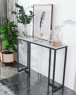 Stone Entryway Table: White Console Table with Black Frame for Hallway - Long Narrow Table Behind Sofa, 39.4x11.8x30.9 inch