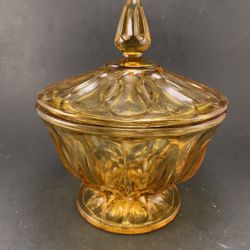 VTG Amber Indiana Glass Apothecary Jar/Candy Dish with Lid Thumb Print Design 8" Tall