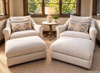 Pair of Upholstered Armchairs with Ottomans
