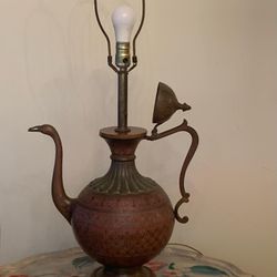 1950’s Persian Cooper , Brass & Wood Table Lamp 34” H x 16” W