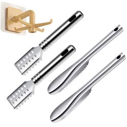 4 pieces of scales cleaning brush, stainless steel serrated scales, ergonomic handle design, cleaning brush scraper kitchen tool, faster and easier re