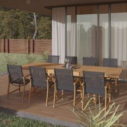 BRAND NEW 9 Piece Rectangular Extendable 100% FSC Solid Wood Table Patio With Grey Chairs Dining Set | Ideal Furniture Set For Outdoor