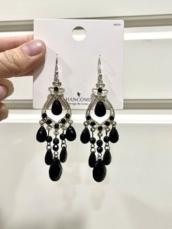 Silver metal black beads dangle chandelier earrings jewelry
