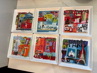 Crate & Barrel Cityscape Square Appetizer Plates Set of 6 City Scenes Ceramic NEW