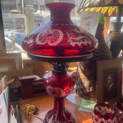 Antique Ruby Glass Bohemian Cut To Clear Hurricane Lamp 