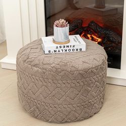 Light Coffee Boho Round Pouf Ottoman 20x12 Inch, Floor Pouffe Ottoman Foot Rest for Couch