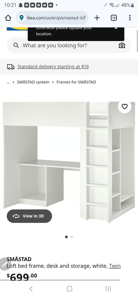 Loft bed frame, desk and storage, white