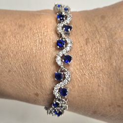 Silvertone With Cobalt Blue Rhinestones Italian Style Bracelet 7"