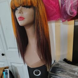 Handmade Orange  Auburn And Black 16 In Long With Bang 100% Human Hair Yaki Fine  Wig