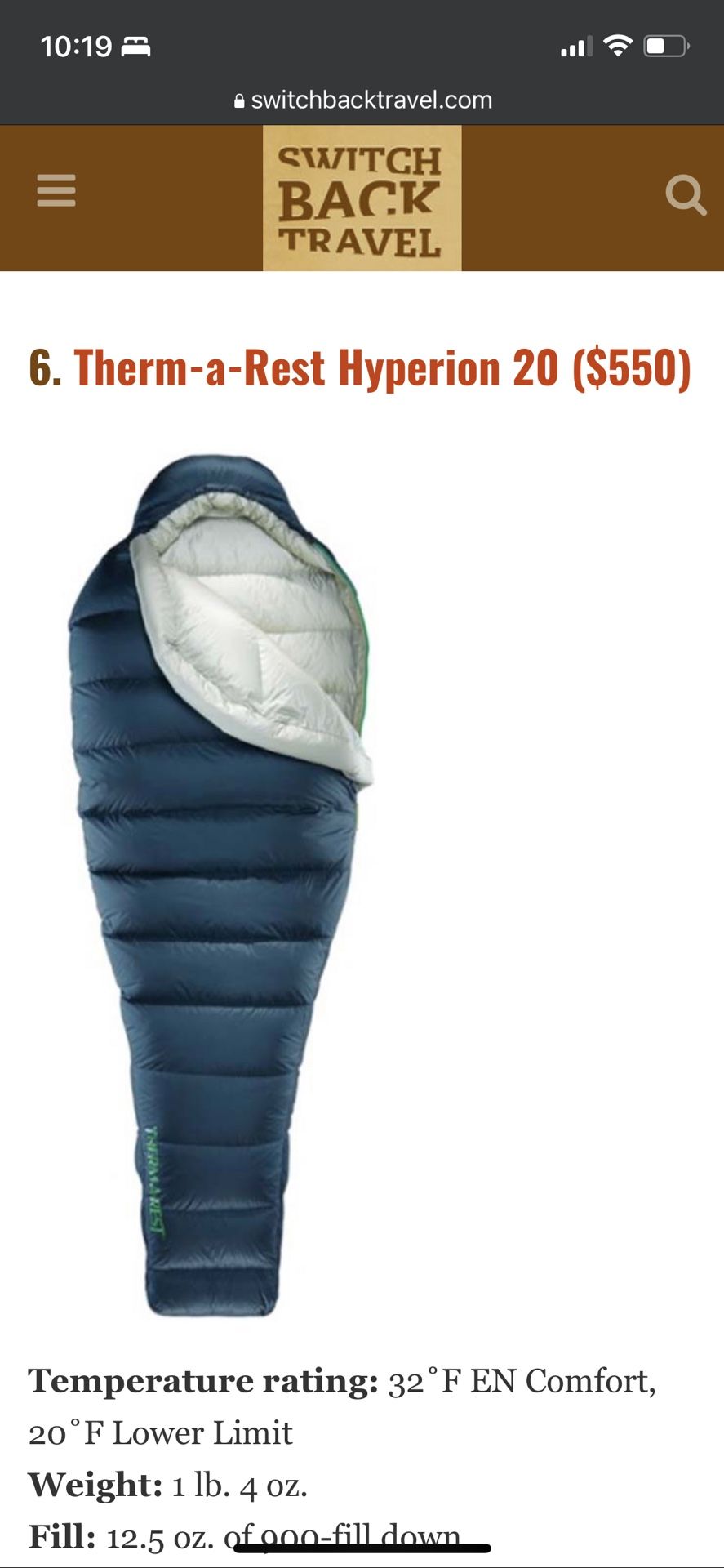 Ultralight Sleeping Bag—Thermarest Hyperion 20 - Small