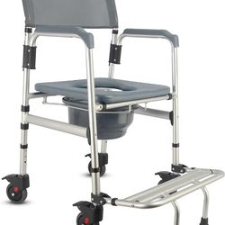 HygiCare 3-in-1 Aluminum Bedside Commode Toilet Shower Chair with Swivel Wheels 6.3 qt Bucket 4 Brake Casters Tool-Free Assembly Support Up to 300 lbs