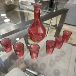 Vintage Cranberry Glass Decanter With Glasses