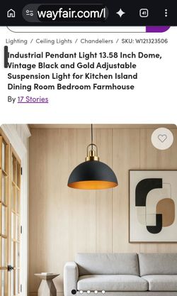 Industrial Pendant Light 13.58 Inch Dome, Vintage Black and Gold Adjustable Suspension Light for Kitchen Island Dining Room Bedroom Farmhouse