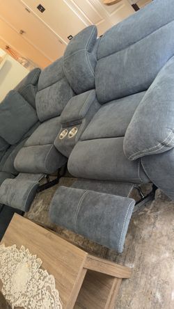 Blue Fabric Reclining Sofa with Cup Holders