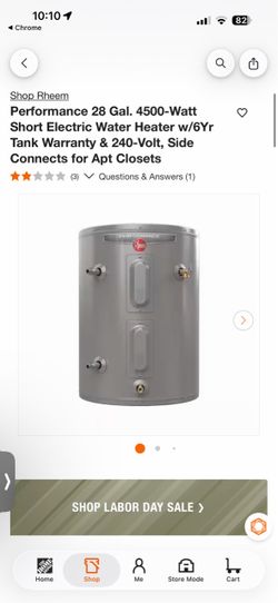 Rheem Performance 28 Gal. 4500-Watt Short Electric Water Heater 240V , Connects Apt Closets