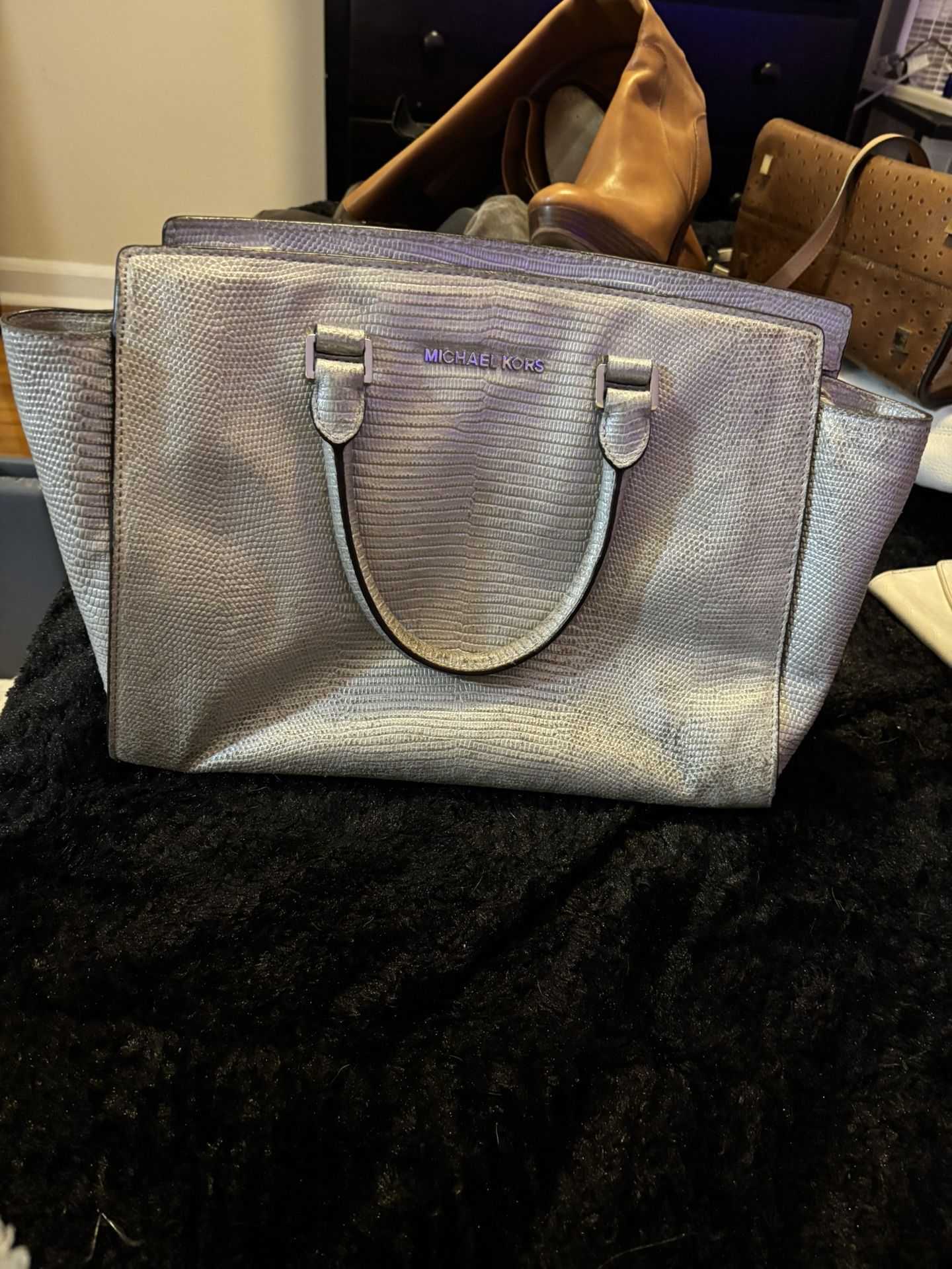 Michael Kors Selma Medium Embossed Silver Satchel Bag