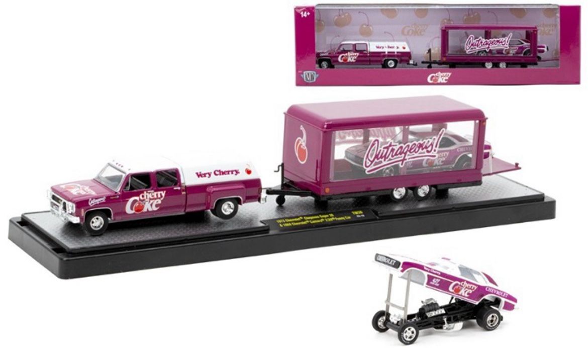 M2 Machines Auto Hauler Cherry Coke Chevy '73 Super 30 & '69 Camaro Funny Car. -1:64-
