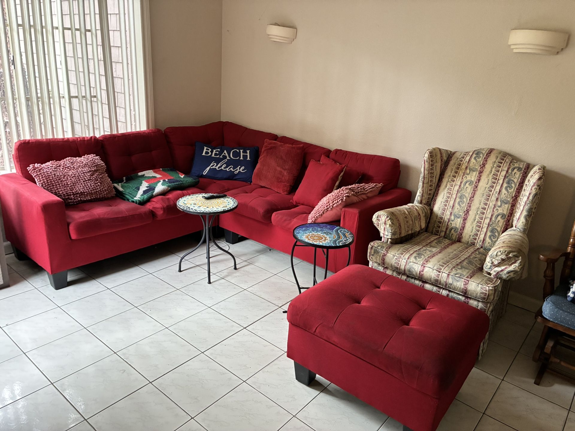 Red Sectional Sofa With Ottoman & Easy Chair