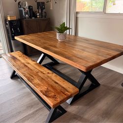 Mango wood dining table and bench