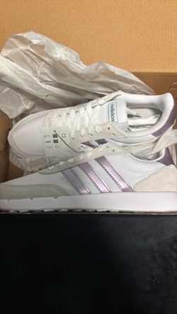 Adidas White Sneakers with Metallic Purple Stripes
