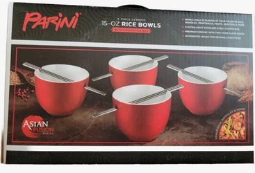 BRAND NEW IN BOX New in box - Parini Set of 4 - 15 Oz Ceramic Red Glazed Rice Bowls & Stainless Steel Chopsticks 4 BOWLS - 15 OZ HOLDS YOUR FAVORITE R