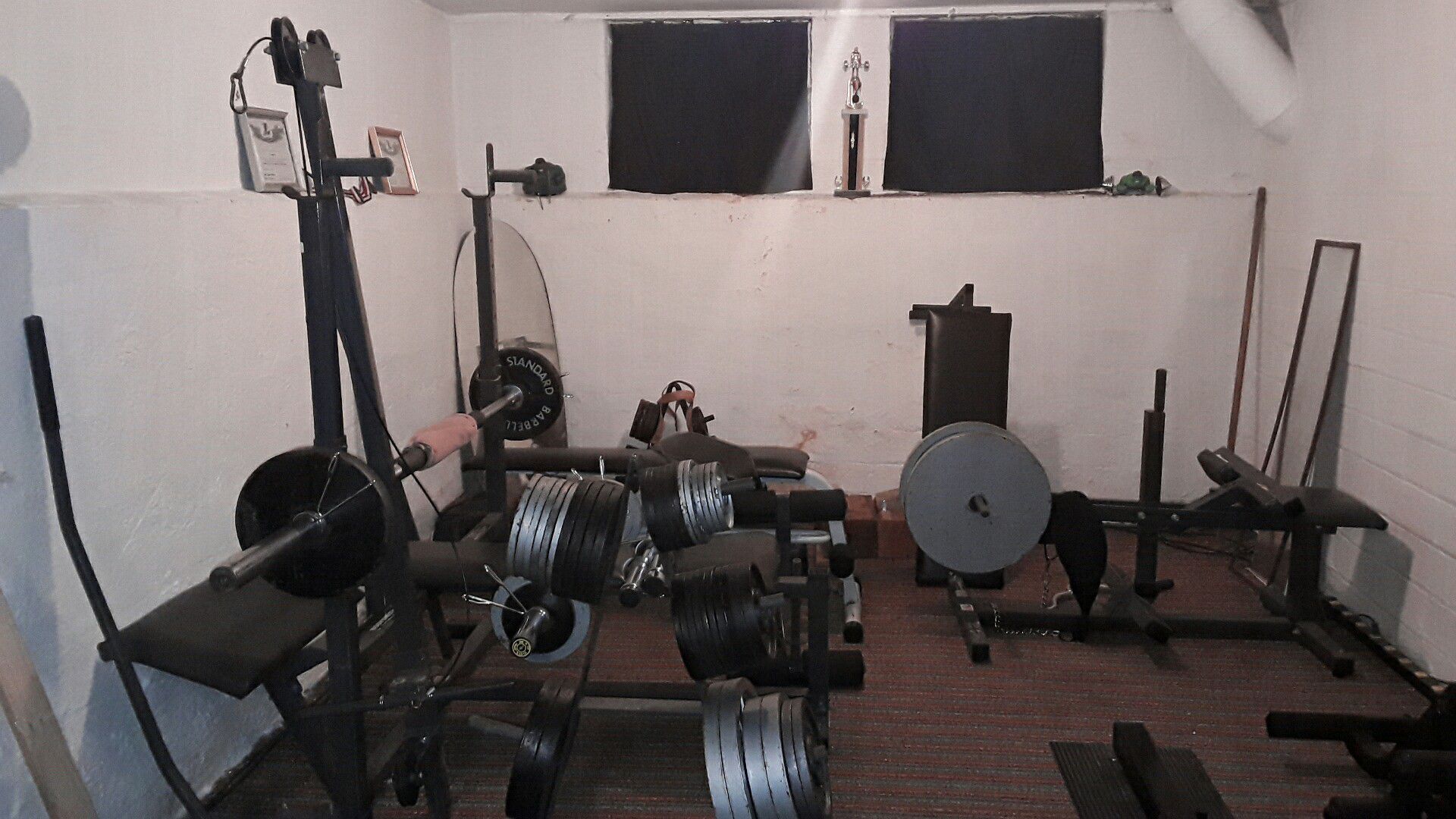 Olympic bench barbell, dumbells, weights & attachments