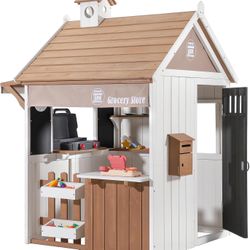 2-in-1 Kids Outdoor Playhouse, Cedar Wooden Grocery Store and Backyard Grill Station, Includes Play Food Cash Register Chalkboard and Mail