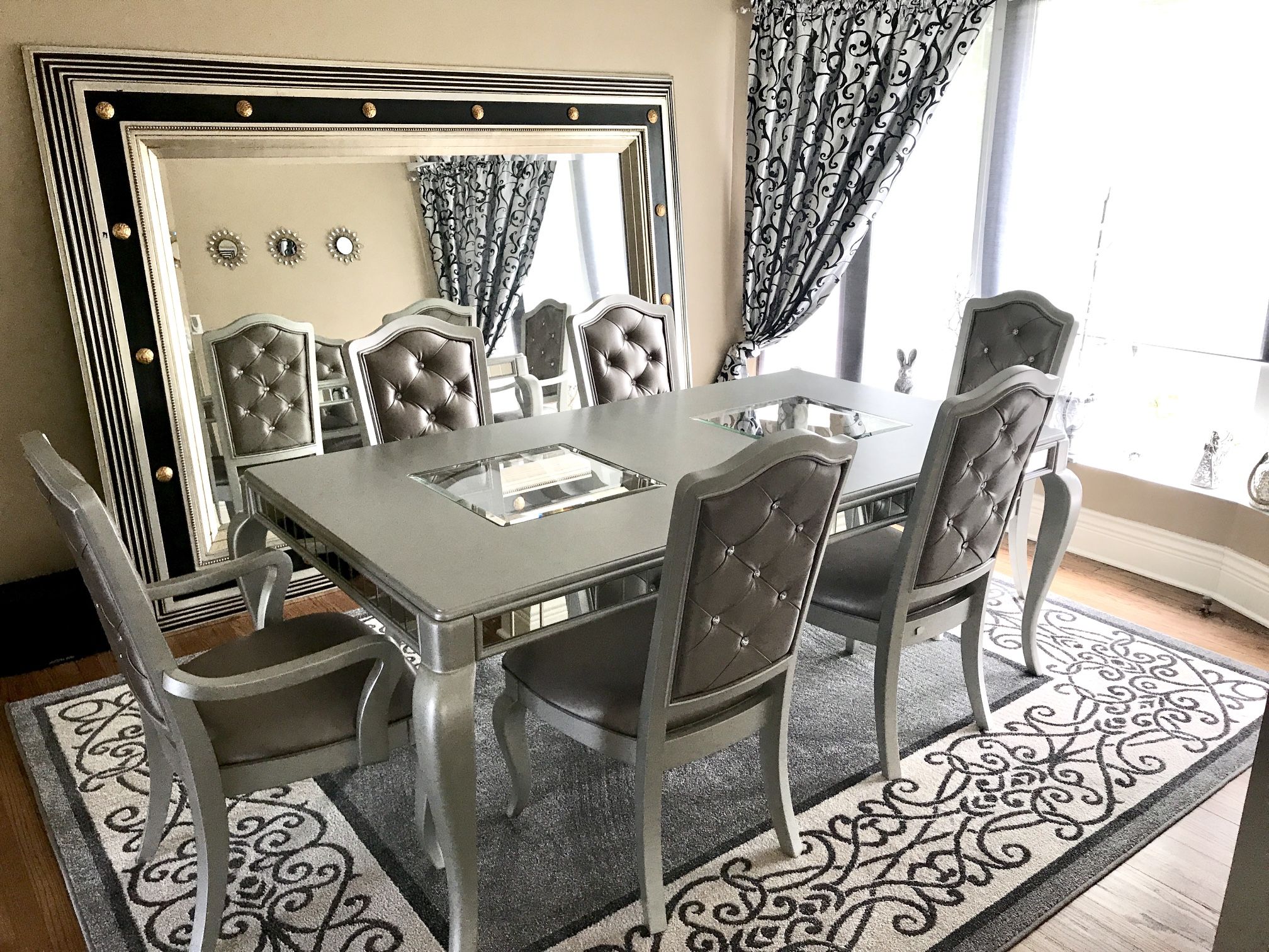 Glamorous Silver Mirrored Dining Set / Table + 6 Chairs