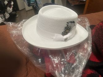 White Straw Fedora Hat with Feather