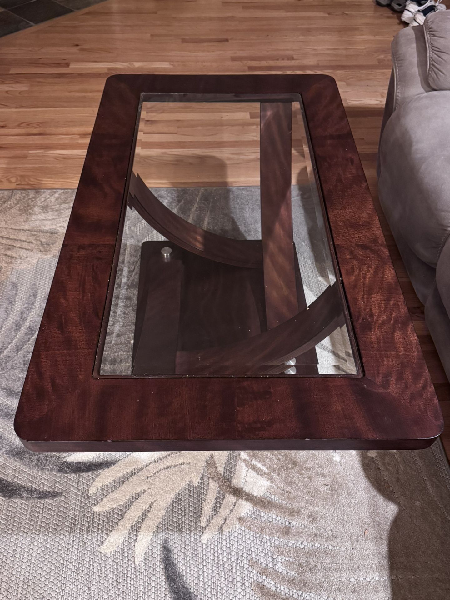 Modern Glass Top Coffee Table With Wheels - Solid Wood Base